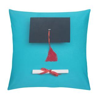 Personality  Top View Of Graduation Cap With Red Tassel And Diploma On Blue Background Pillow Covers