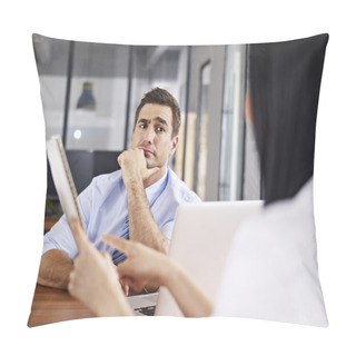 Personality  Skeptical Interviewer Looking At Interviewee Pillow Covers