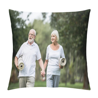 Personality  Smiling Senior Couple With Fitness Mats Walking In Park And Holding Hands Pillow Covers