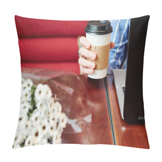 Personality  Close-up Image Of Woman Drinking Coffee In Disposable Cup To Get Some Energy When Working On Laptop All Day Long Pillow Covers