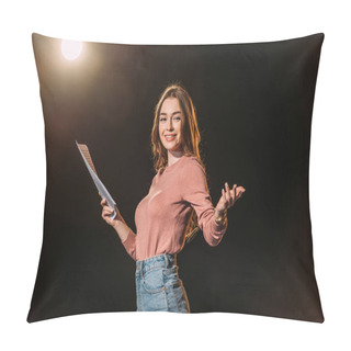 Personality  Smiling Young Actress With Screenplay On Black Pillow Covers