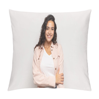 Personality  Pretty Young Woman Laughing Shyly And Cheerfully, With A Friendly And Positive But Insecure Attitude Pillow Covers
