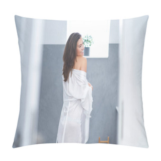 Personality  Young Nice Brunette Woman In The Bathroom Pillow Covers