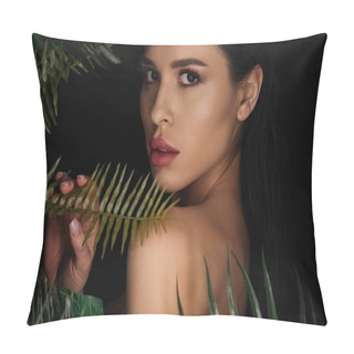 Personality  Beautiful Woman Touching Fern Leaf And Looking At Camera Isolated On Black Pillow Covers