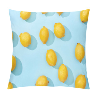 Personality  Top View Of Ripe Yellow Lemons On Blue Background With Shadows Pillow Covers