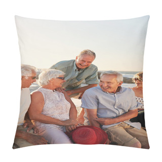 Personality  Group Of Senior Friends Sitting On Rocks By Sea On Summer Group Vacation Pillow Covers