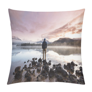 Personality  Serene Beautiful Lake In Morning Mountains, Oregon, USA. Pillow Covers