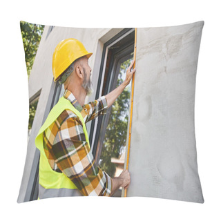 Personality  Good Looking Hardworking Construction Worker With Beard Measuring Window With Tape, Cottage Builder Pillow Covers