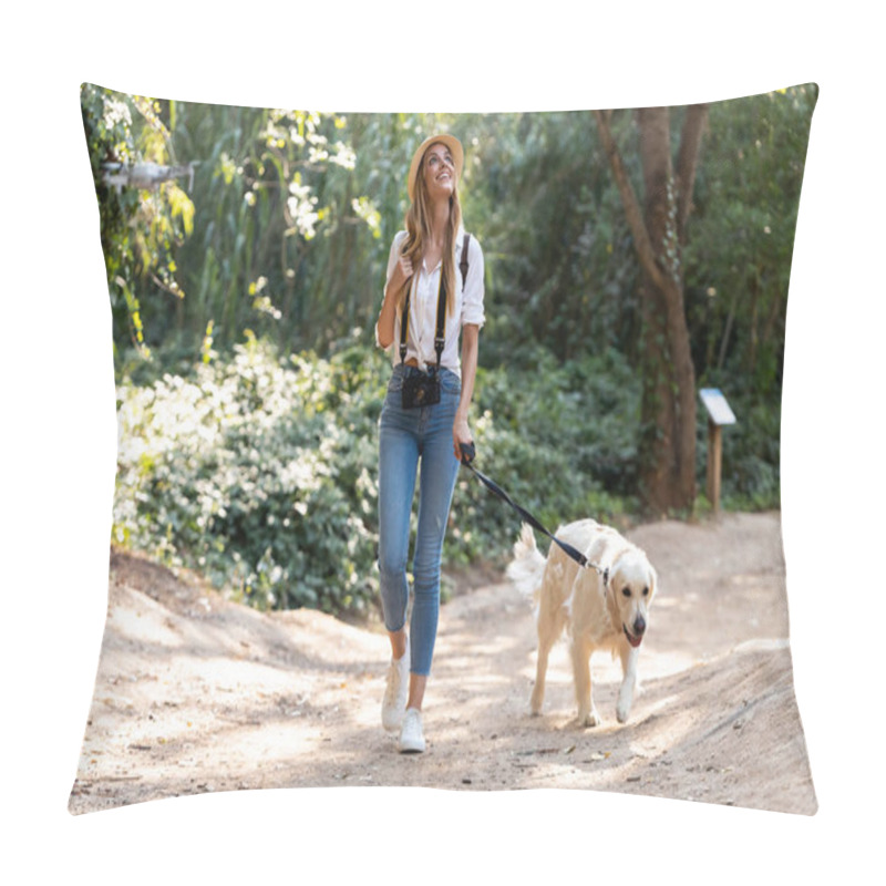 Personality  Shot Of Attractive Young Amateur Photograph Woman Walking With Her Dog In The Park. Pillow Covers