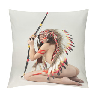 Personality  Naked Woman In Native American Costume With Feathers Pillow Covers