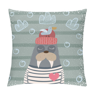 Personality  Cute Sleep Walrus With Gull. Pillow Covers