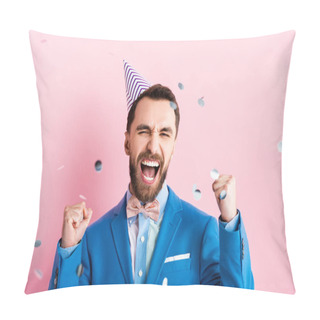 Personality  Excited Businessman In Party Cap Celebrating Triumph Near Falling Confetti On Pink  Pillow Covers