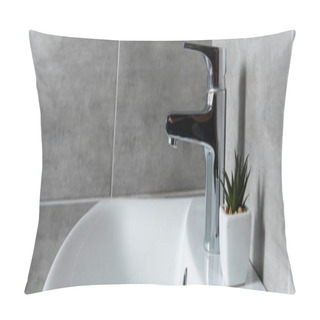 Personality  Panoramic Shot Of Plant On White Washbasin In Modern Restroom Pillow Covers