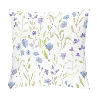 Personality  Watercolor Gentle Seamless Pattern With Abstract Blue, Purple Flowers, Green Leaves, Branches. Hand Drawn Floral Illustration Isolated On White Background. For Packaging, Wrapping Design Or Print. Pillow Covers