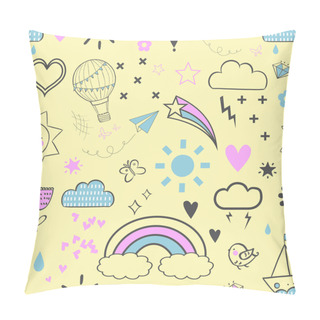 Personality  Cute Colorful Seamless Pattern Of Hand Drawn Doodle Elements On Yellow Background. Rainbow, Stars, Clouds, Sun, Flower Pattern. Pillow Covers