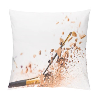 Personality  Pieces Of Cosmetic Powder With Makeup Brushes Falling Isolated On White Pillow Covers