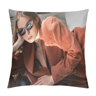 Personality  Young Woman Wearing Terracotta And Trendy Suit With Blazer And Golden Necklace And Posing In Fashionable Sunglasses On Grey Mirrored Background, Beautiful Model, Reflection, Mesmerizing  Pillow Covers