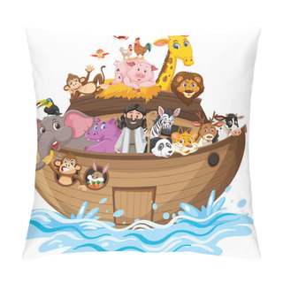 Personality  Noah's Ark With Animals On Water Wave Isolated On White Background Illustration Pillow Covers