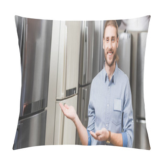 Personality  Panoramic Shot Of Smiling Consultant Pointing With Hands At Fridge In Home Appliance Store  Pillow Covers