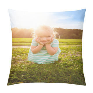 Personality  Adorable Blond Little Girl With Cheeky Smile, Outdoors Play Time Pillow Covers
