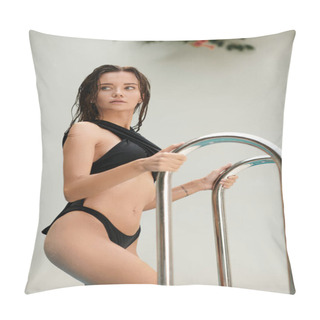 Personality  Beautiful Woman With Tattoo Standing In Sexy Swimwear And Holding  Handrail In Swimming Pool Pillow Covers