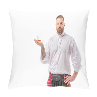 Personality  Scottish Redhead Man In Red Kilt With Whiskey In Glass On Hand Isolated On White Pillow Covers