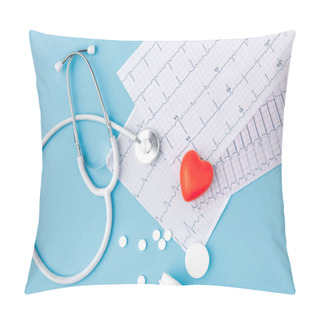 Personality  Stethoscope, Paper With Cardiogram, Scattered Pills And Red Heart Isolated  On Blue Background   Pillow Covers