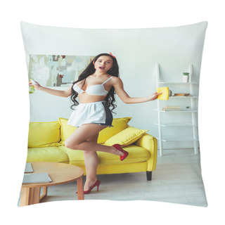 Personality  Exited Girl In Bra And Apron Holding Spray Bottle And Rag In Living Room Pillow Covers