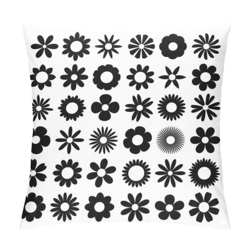 Personality  Camomile daisy set. Black chamomile silhouette shape icon. Cute round flower plant nature collection. Love symbol. Growing concept. Decoration element. Flat design. Isolated. White background. Vector pillow covers