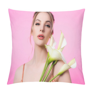 Personality  Elegant Beautiful Blonde Woman Holding Calla Flowers Isolated On Pink Pillow Covers