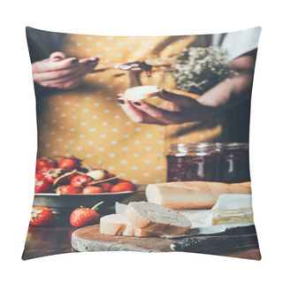 Personality  Cropped Image Of Woman In Apron Spreading Strawberry Jam On Baguette  Pillow Covers