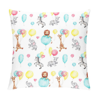 Personality  Seamless Pattern With Cartoon Lion, Zebra, Giraffe, Elephant, Hippo And Colored Balloons; Watercolor Hand Draw Illustration; With White Isolated Background Pillow Covers