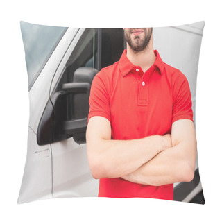 Personality  Cropped Shot Of Delivery Man In Red Uniform With Arms Crossed Standing At Van Pillow Covers