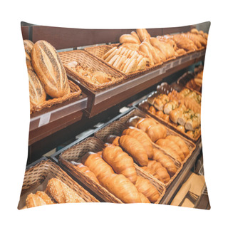 Personality  Selective Focus Of Freshly Baked Various Bread In Pastry Department Of Supermarket Pillow Covers