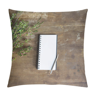 Personality  Top View Of Notepad With Pencil And Flowers On Wooden Tabletop Pillow Covers