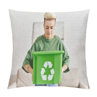Personality  Smiling Tattooed Woman With Trendy Hairstyle Looking In Green Plastic Box With Recycling Sign While Standing At Home, Reduce Waste, Sustainable Living And Environmentally Friendly Habits Concept Pillow Covers