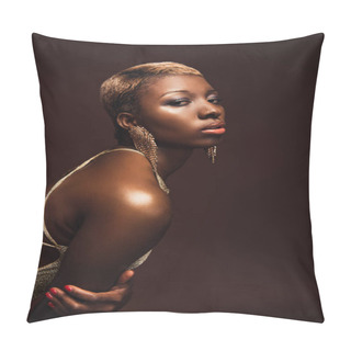 Personality  Fashion Shoot With African American Woman With Short Hair Isolated On Brown Pillow Covers