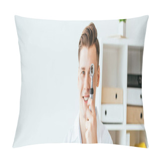 Personality  Panoramic Shot Of Cheerful Dermatologist In White Coat Holding Dermatoscope And Smiling In Clinic  Pillow Covers