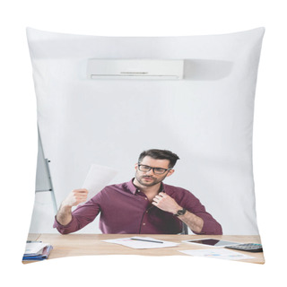 Personality  Young Businessman Touching Shirt And Waving Paper While Suffering From Heat In Office Pillow Covers
