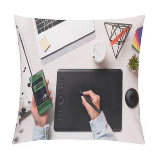 Personality Cropped View Of Designer Using Graphics Tablet, Pen And Smartphone With Booking App On Screen, Flat Lay Pillow Covers