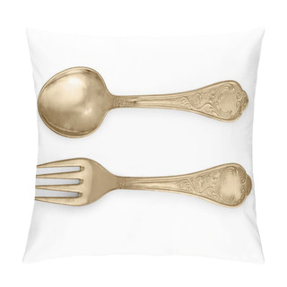 Personality  Golden Spoon And Fork Isolated On A White Background. Pillow Covers