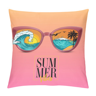 Personality  Stylish Sunglasses With Drawn Reflection Of Tropical Resort On Color Background Pillow Covers