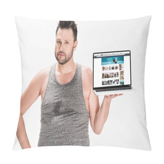 Personality  Overweight Man Looking At Camera And Holding Laptop With Amazon Website On Screen Isolated On White Pillow Covers