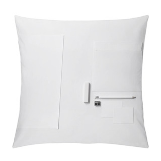 Personality  Top View Of Various Paper Objects And Pencil With Eraser And Sharpener On White Surface For Mockup Pillow Covers