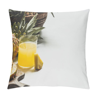 Personality  Fresh Pineapple Juice Near Cut Delicious Fruit On Wooden Cutting Board On White Background Pillow Covers