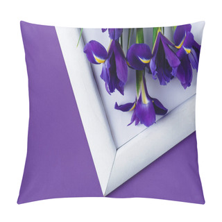 Personality  Top View Of Iris Flowers On White Frame On Purple Surface Pillow Covers