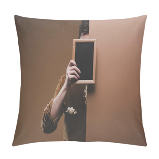 Personality  Man In Stylish Clothes Holding Empty Frame Isolated On Brown Pillow Covers