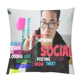 Personality  Asian Seo Manager Writing On Glass With Illustration Of Concept Words Of Social Media  Pillow Covers