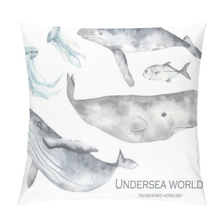 Personality  Watercolor Set Underwater World With Sea Fish, Blue Whale, Humpback Whale, Sperm Whale, Jellyfish Pillow Covers