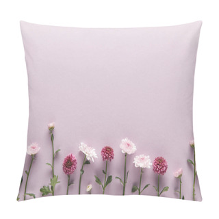Personality  Flat Lay With Blooming Spring Chrysanthemums On Violet Background With Copy Space Pillow Covers
